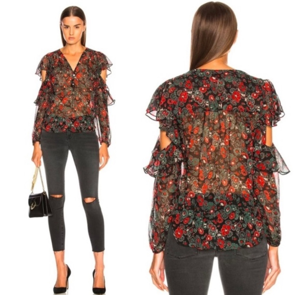 Veronica Beard Blakely Floral Silk Cut Out V-Neck Blouse Size 8 Black Multi